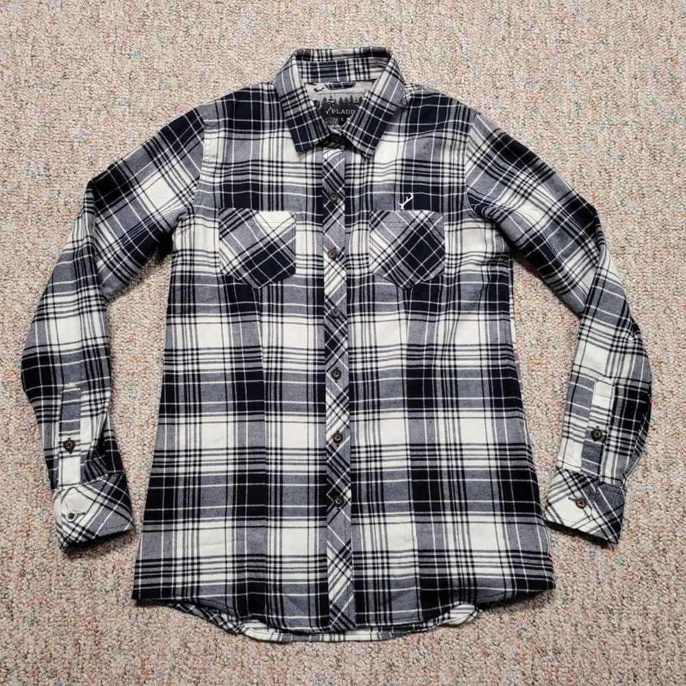 Pladra Flannel Shirt Womens Small Blue White Plaid Cotton Button Up Long Sleeve